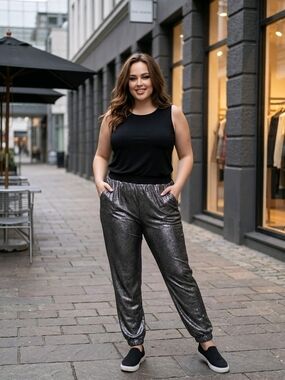 NY Collection Metallic Charcoal Jogger Pants